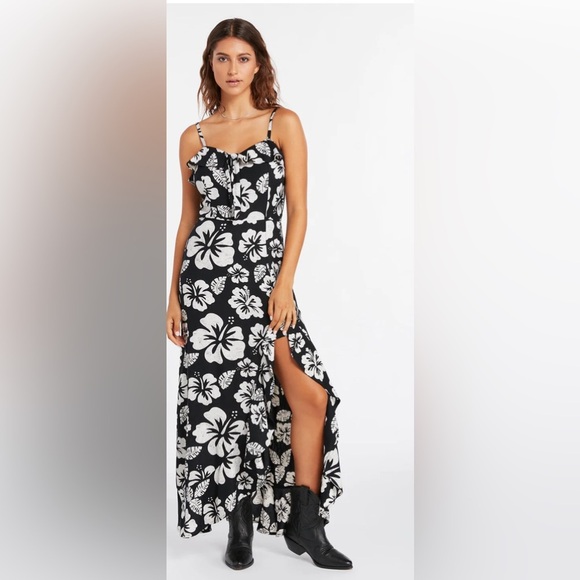 Volcom Coco Ho Black White‎ Bodice tie and Thigh High Slit Maxi Dress size Small - Picture 3 of 7